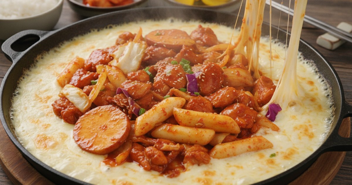 チーズタッカルビ：とろけるチーズの堀を巡らせた韓国風旨辛チキン（치즈닭갈비）